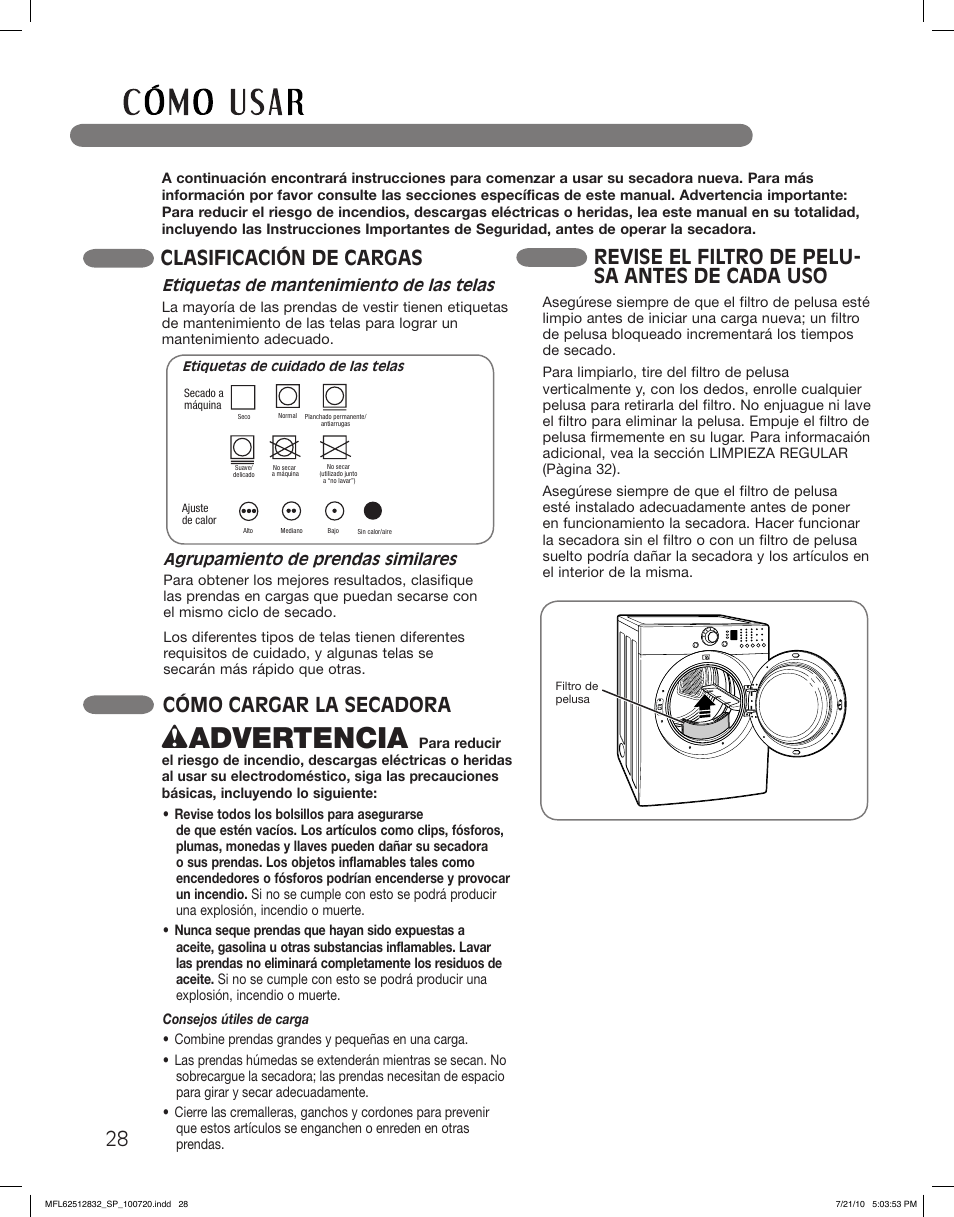 Wadvertencia, Clasificación de cargas, Cómo cargar la secadora | Revise el filtro de pelu- sa antes de cada uso | LG DLE2140W User Manual | Page 70 / 124
