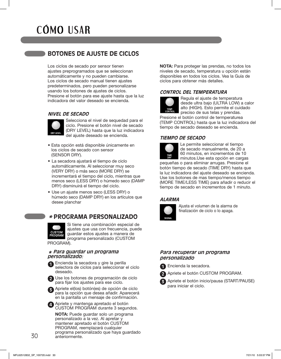 Botones de ajuste de ciclos, Programa personalizado | LG DLE2140W User Manual | Page 72 / 124