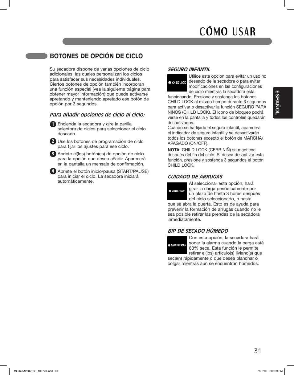 Botones de opción de ciclo | LG DLE2140W User Manual | Page 73 / 124