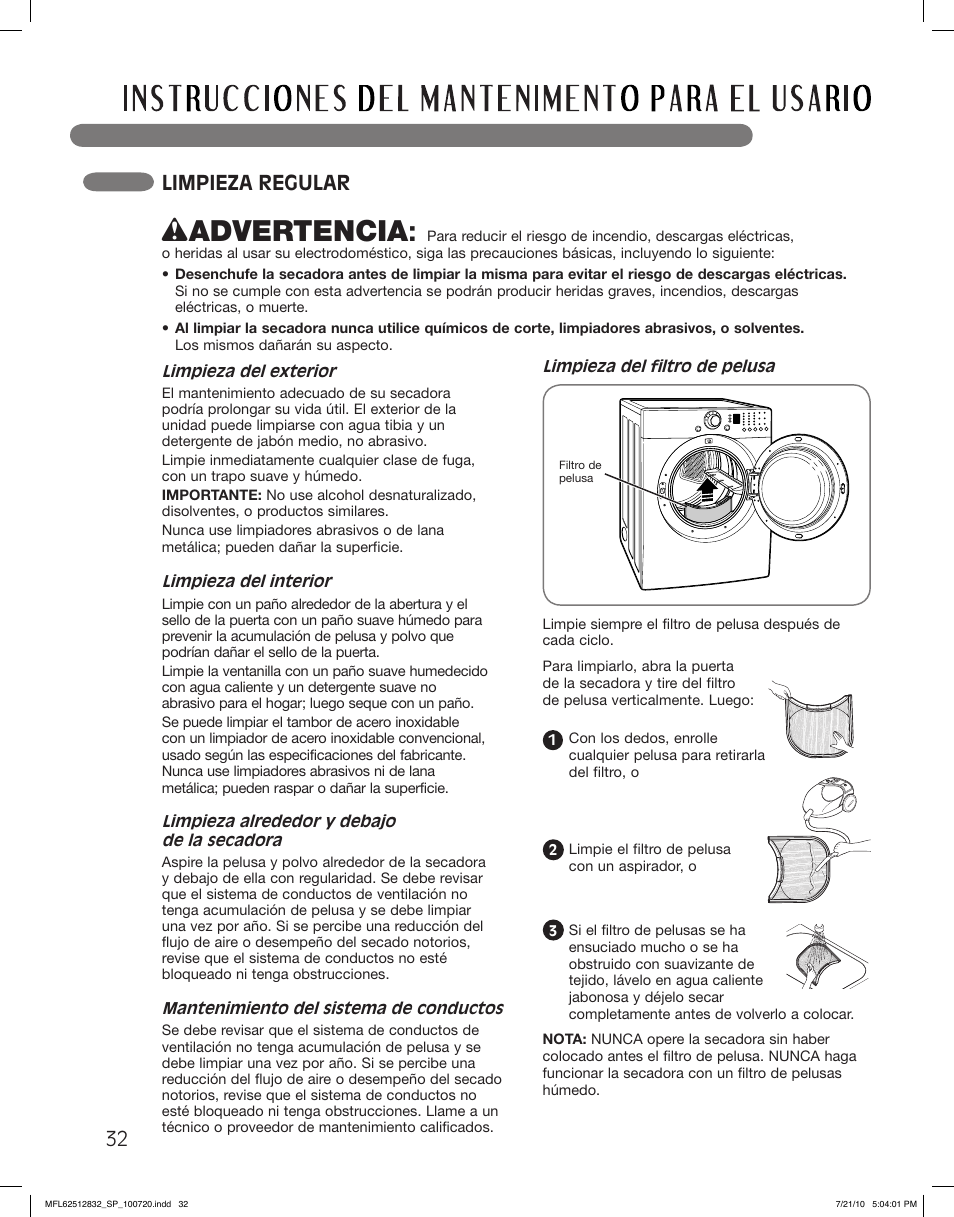 Wadvertencia, Limpieza regular | LG DLE2140W User Manual | Page 74 / 124