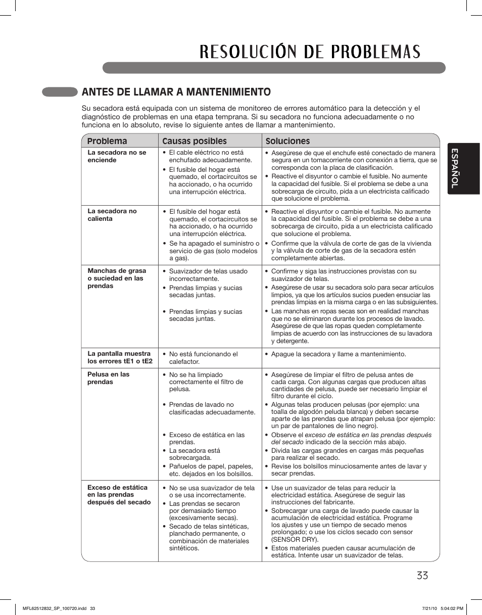 Antes de llamar a mantenimiento, Esp anol | LG DLE2140W User Manual | Page 75 / 124