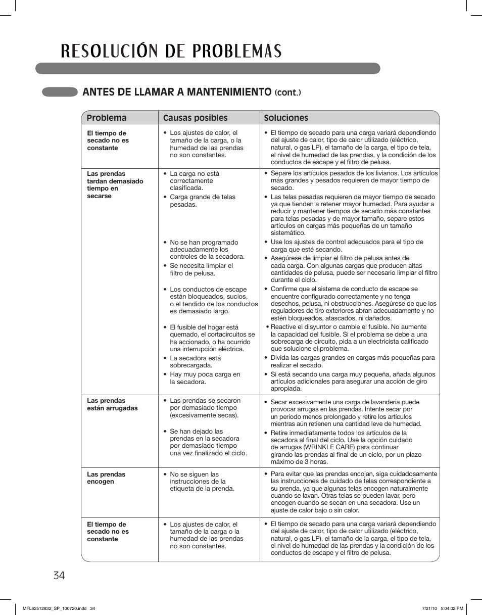 Antes de llamar a mantenimiento | LG DLE2140W User Manual | Page 76 / 124