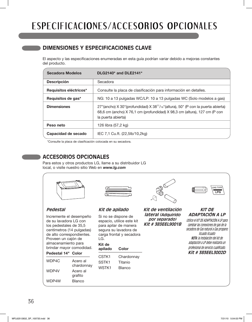 Dimensiones y especificaciones clave, Accesorios opcionales | LG DLE2140W User Manual | Page 78 / 124