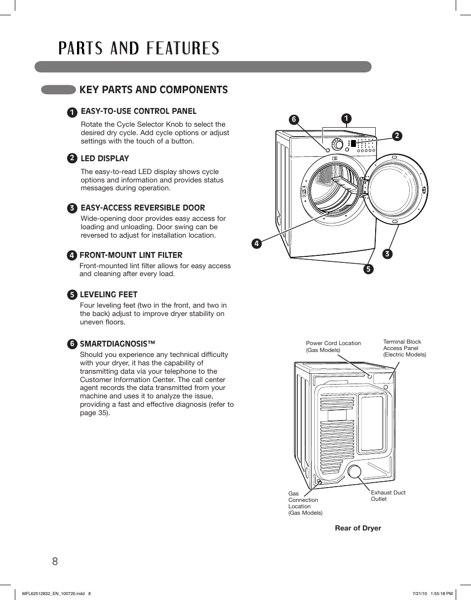 Key parts and components | LG DLE2140W User Manual | Page 8 / 124
