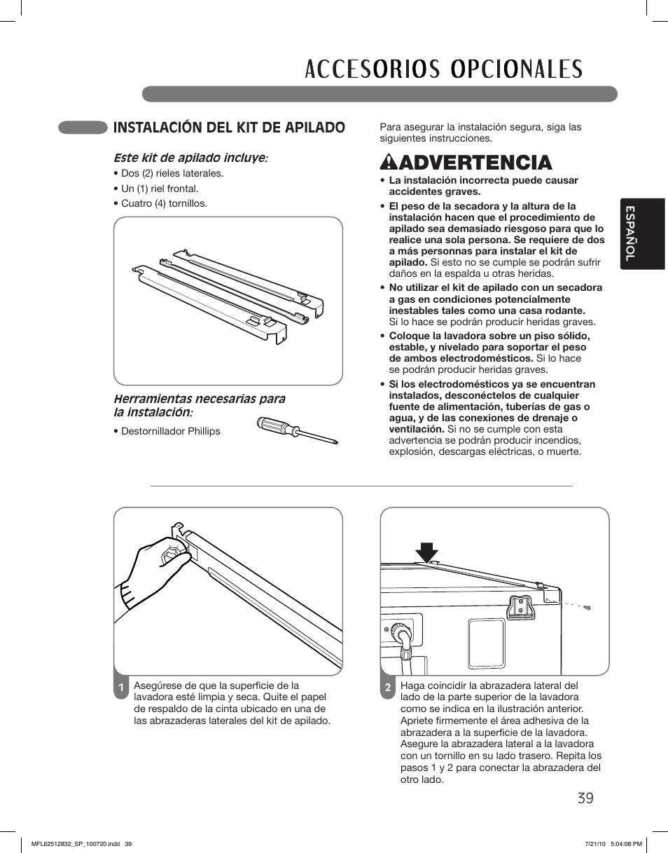 Wadvertencia, Instalación del kit de apilado | LG DLE2140W User Manual | Page 81 / 124