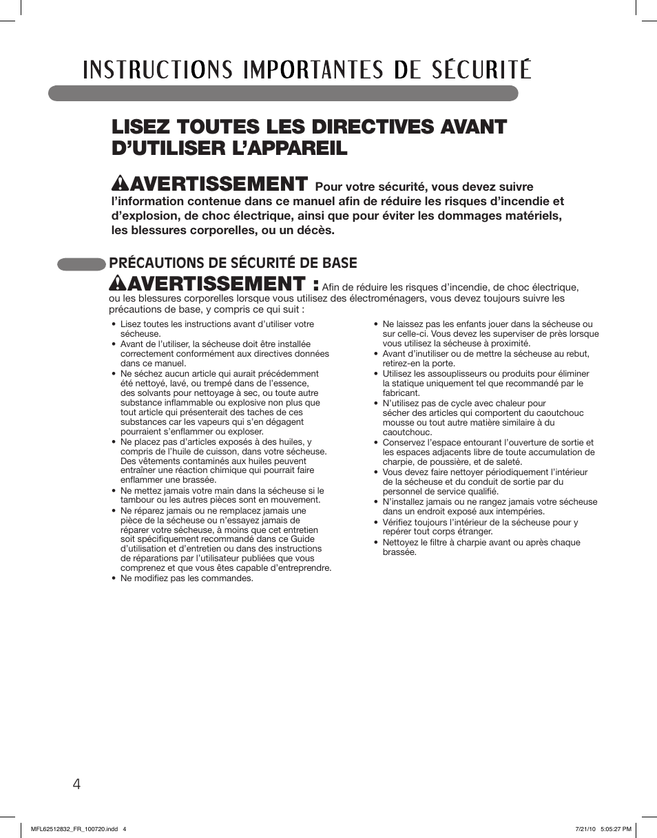 Wavertissement, Précautions de sécurité de base | LG DLE2140W User Manual | Page 88 / 124