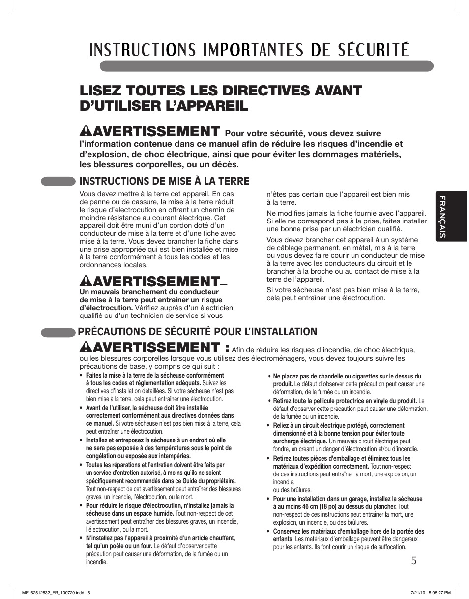 Wavertissement | LG DLE2140W User Manual | Page 89 / 124
