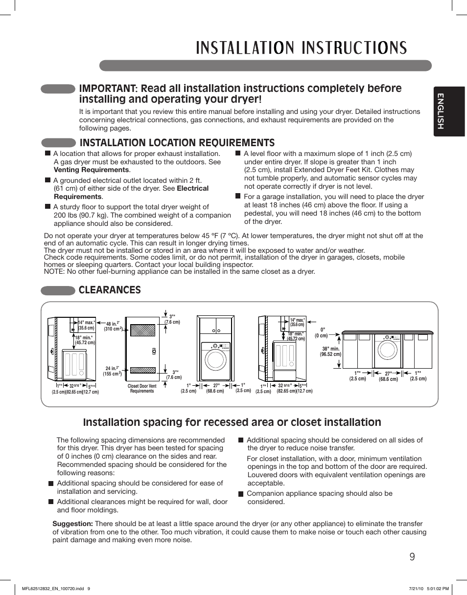 Clearances, Installation location requirements, English | LG DLE2140W User Manual | Page 9 / 124