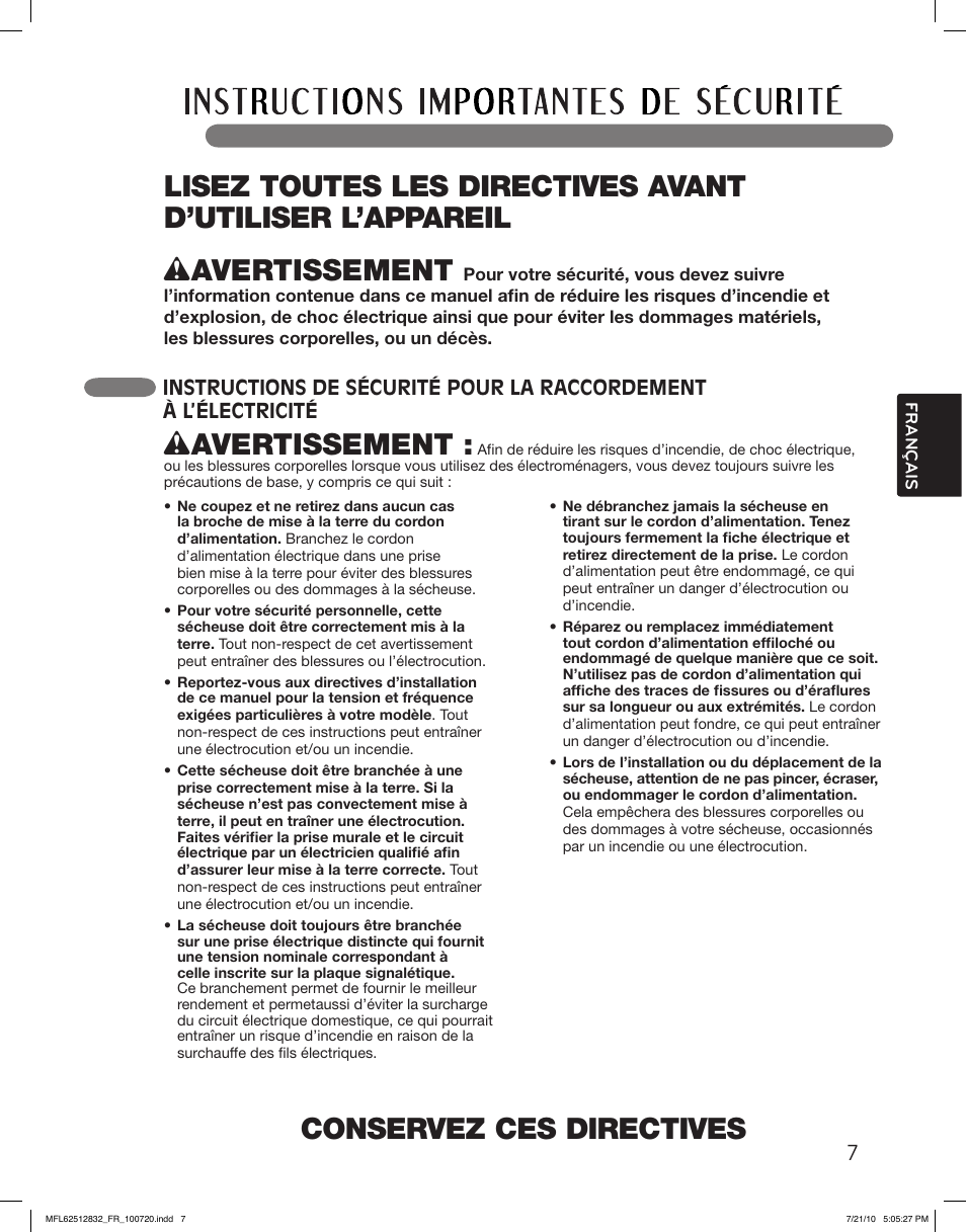 Conservez ces directives, Wavertissement | LG DLE2140W User Manual | Page 91 / 124