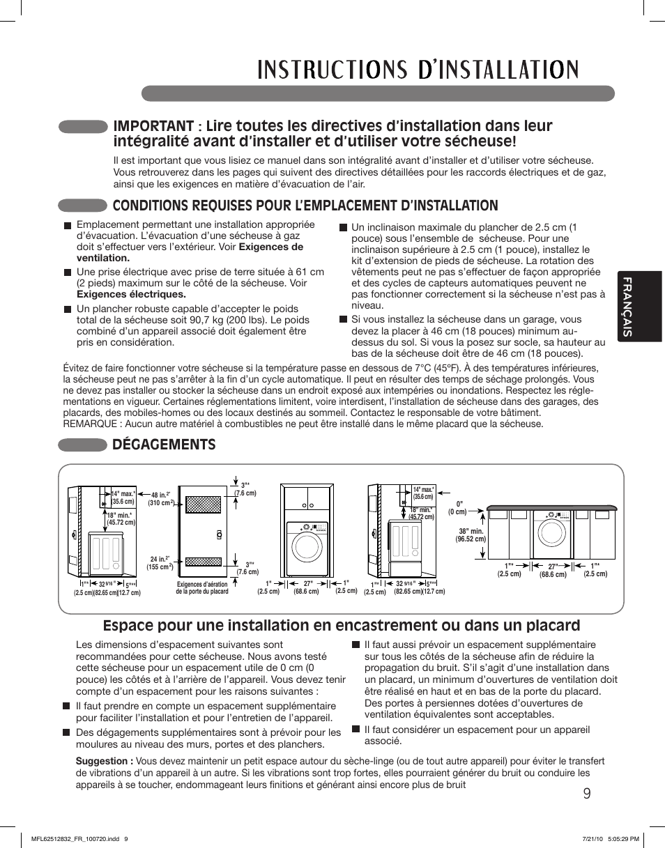 Dégagements, Français | LG DLE2140W User Manual | Page 93 / 124