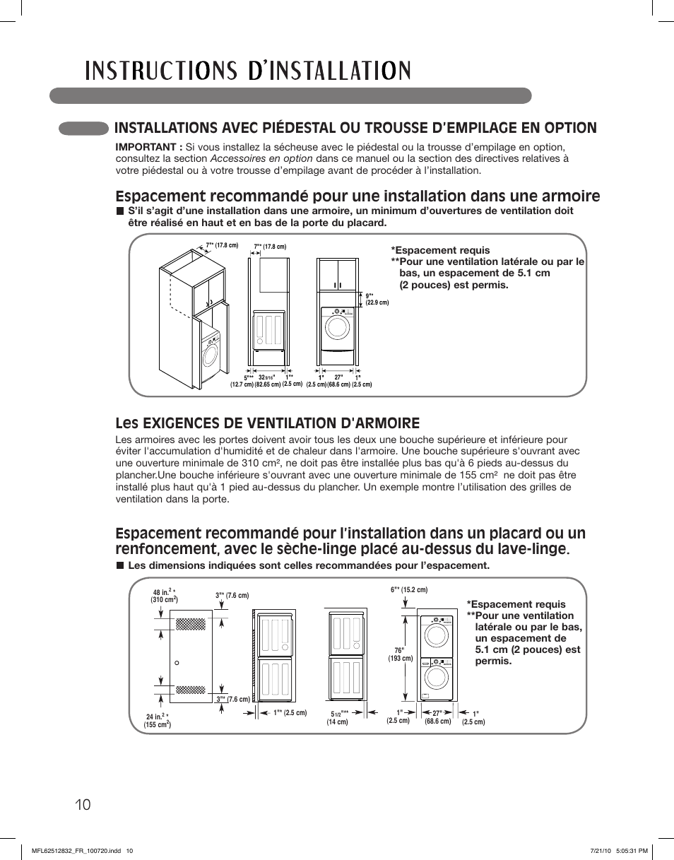 Les exigences de ventilation d'armoire | LG DLE2140W User Manual | Page 94 / 124