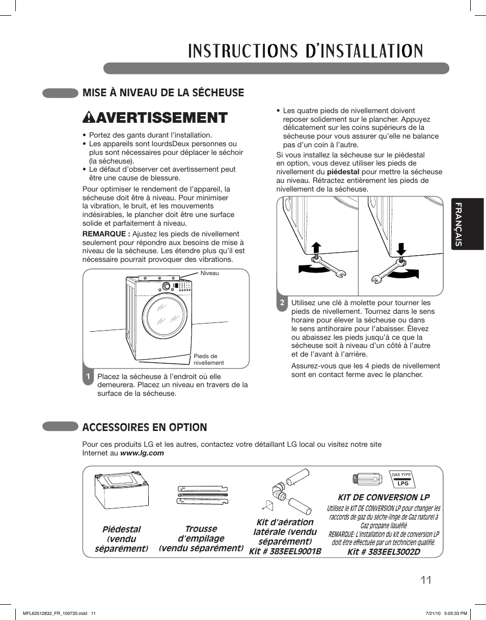 Wavertissement, Mise à niveau de la sécheuse, Accessoires en option | LG DLE2140W User Manual | Page 95 / 124