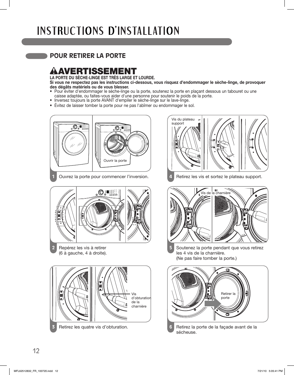 Wavertissement, Pour retirer la porte | LG DLE2140W User Manual | Page 96 / 124