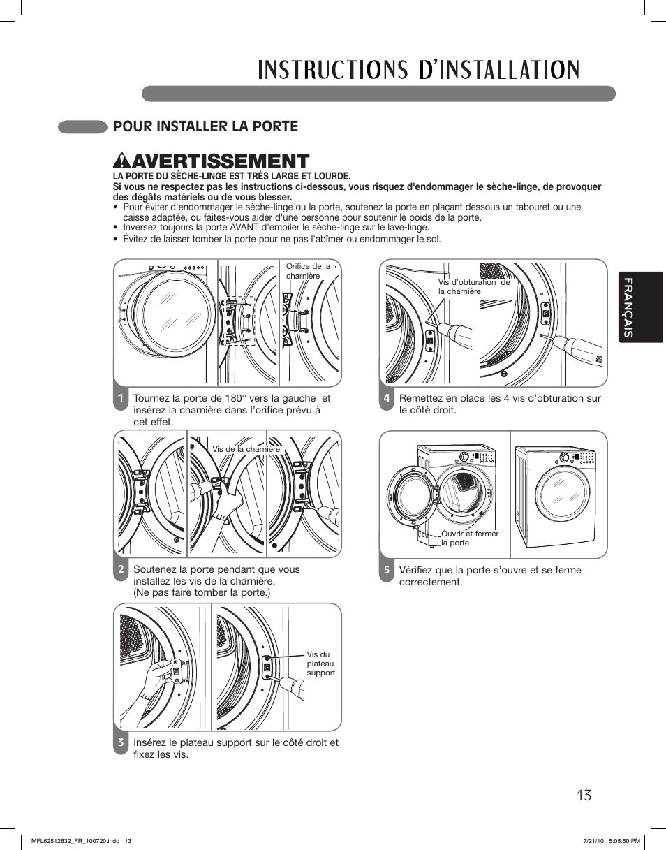 Wavertissement, Pour installer la porte | LG DLE2140W User Manual | Page 97 / 124