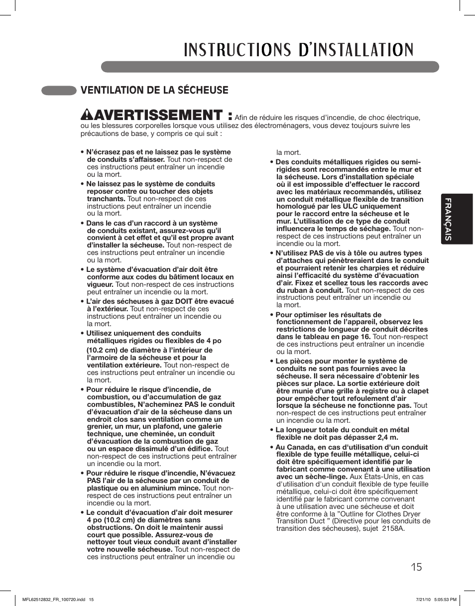 Wavertissement, Ventilation de la sécheuse | LG DLE2140W User Manual | Page 99 / 124