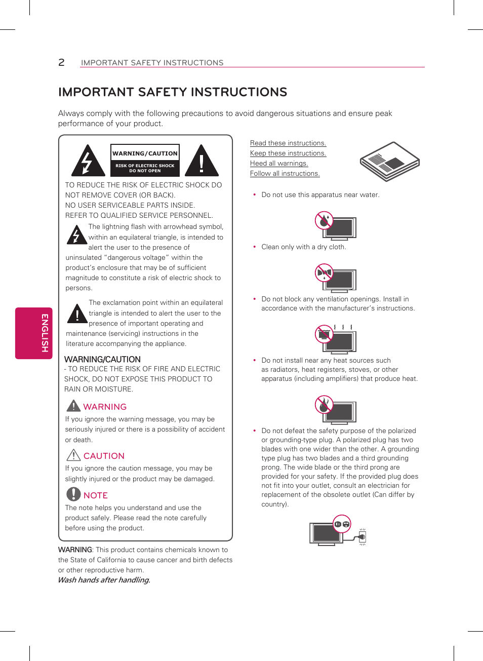 English, Warning, Caution | Important safety instructions, Warning/caution | LG 65LA9700 User Manual | Page 2 / 44