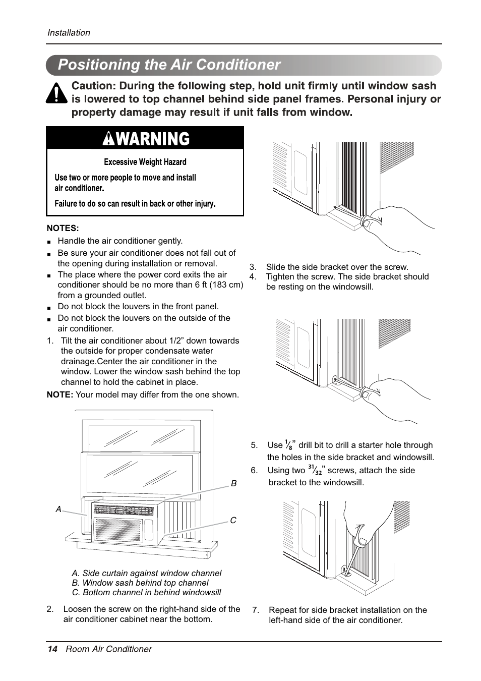 Positioning the air conditioner | LG LW8012ERJ User Manual | Page 14 / 22