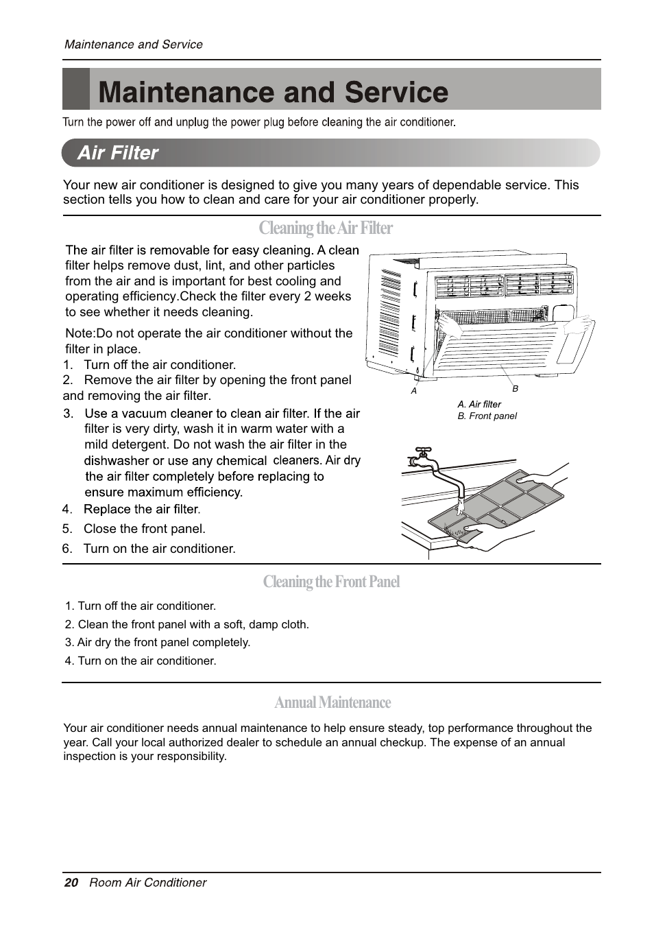 Cleaning theairfilter, Cleaning the front panel annual maintenance | LG LW8012ERJ User Manual | Page 20 / 22