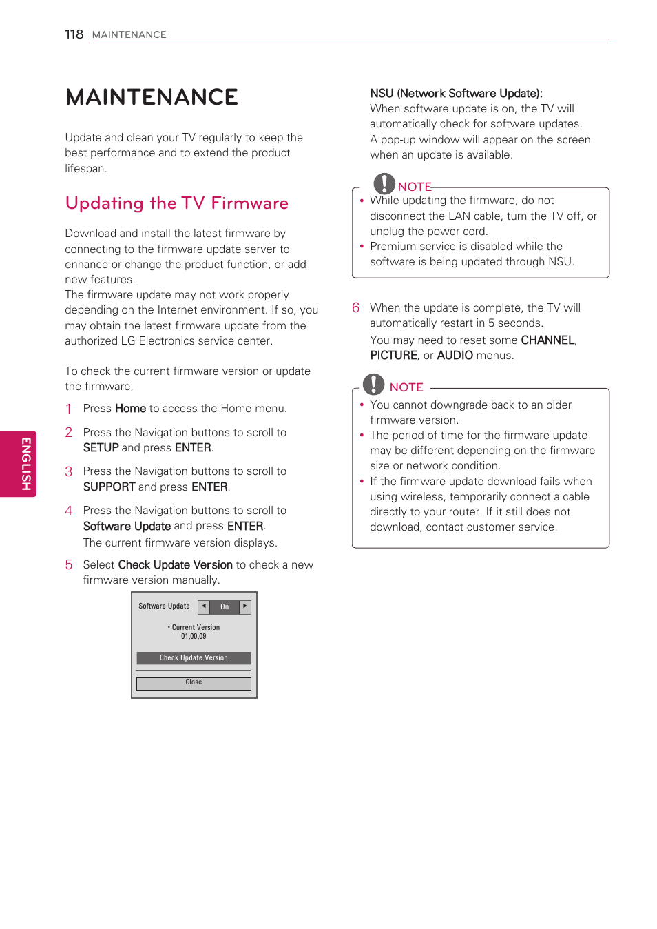 Maintenance, Updating the tv firmware, 118 maintenance | 118 updating the tv firmware | LG 42LV3700 User Manual | Page 118 / 172