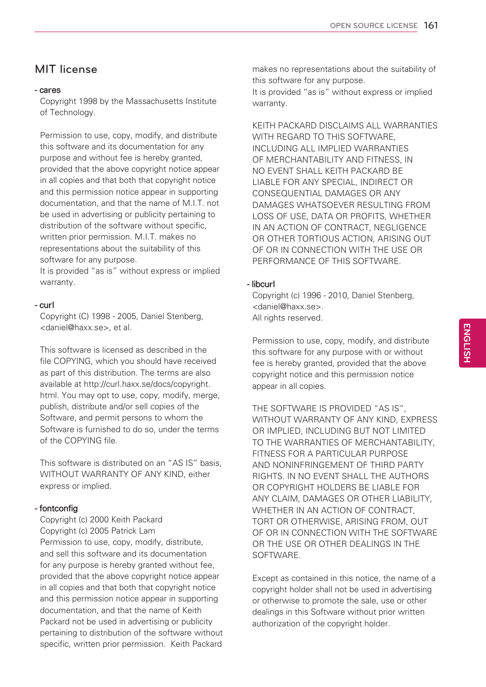Mit license | LG 42LV3700 User Manual | Page 161 / 172