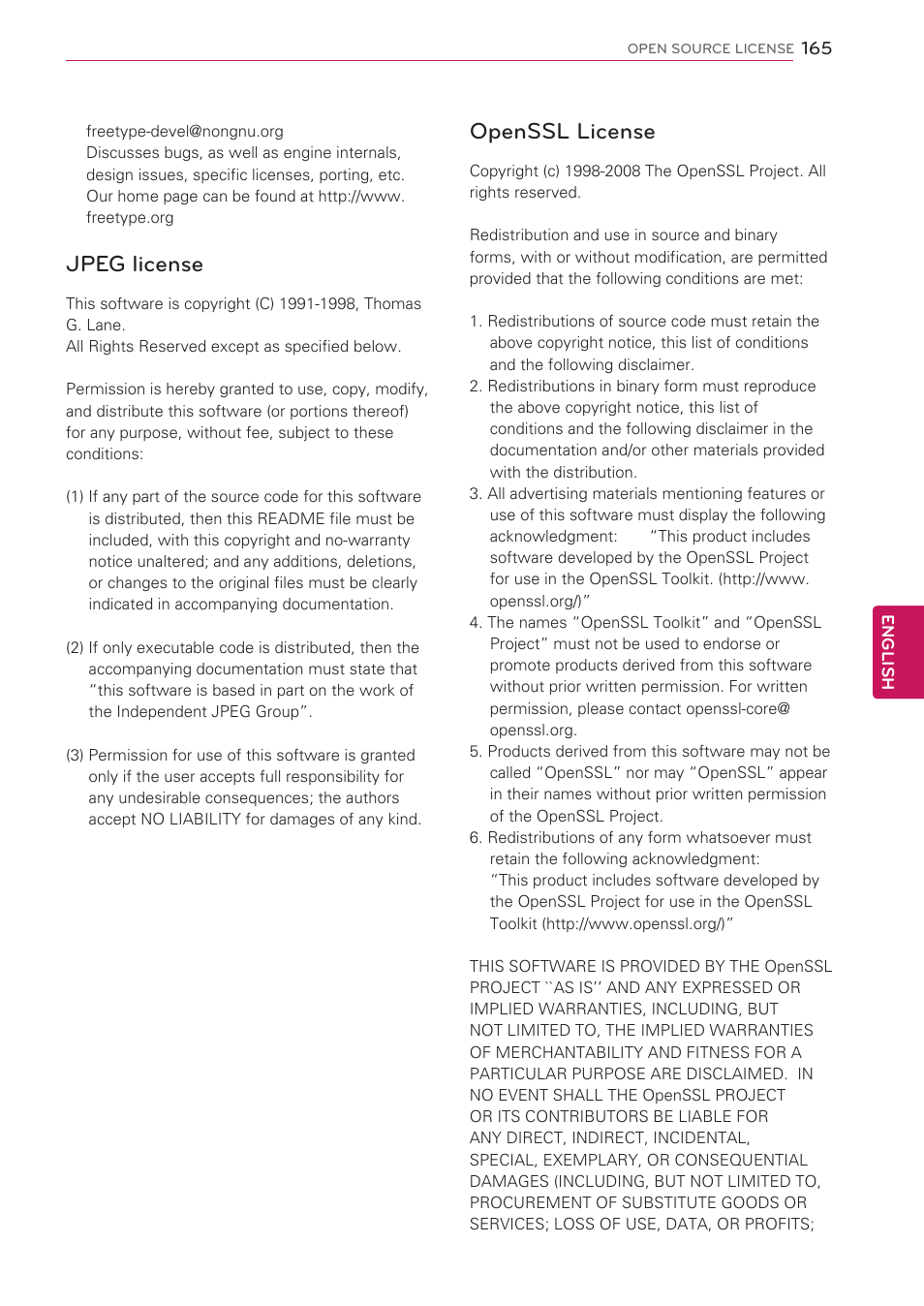 Jpeg license, Openssl license | LG 42LV3700 User Manual | Page 165 / 172