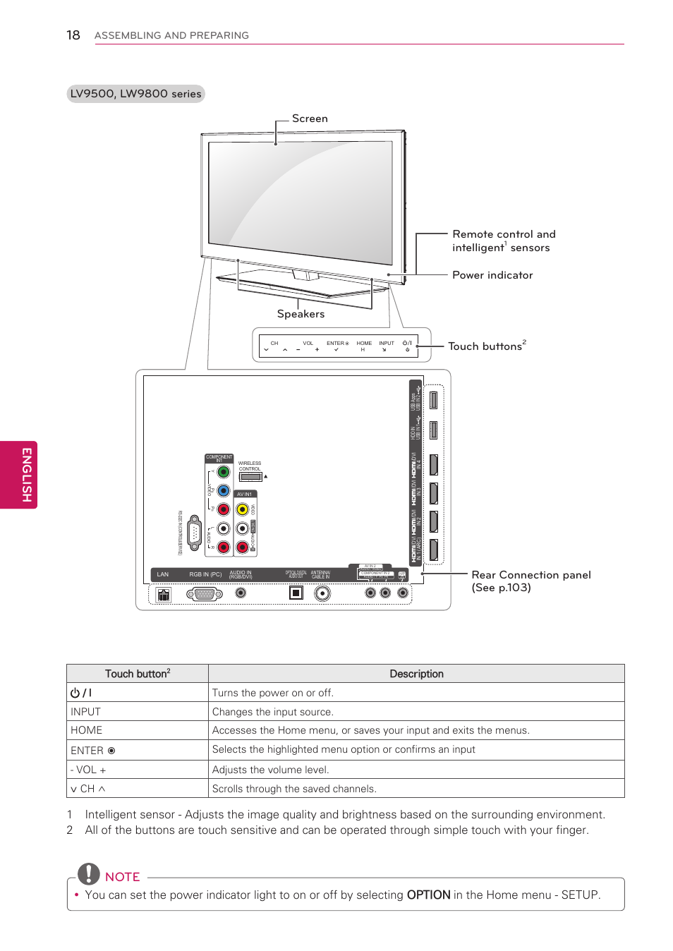 English, Speakers screen touch buttons, Sensors power indicator | Touch button, Assembling and preparing | LG 42LV3700 User Manual | Page 18 / 172