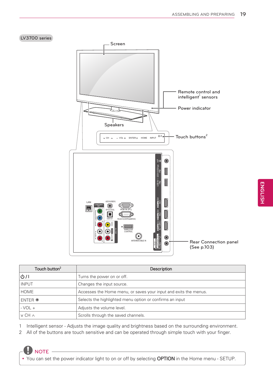 English, Lv3700 series, Speakers screen touch buttons | Sensors power indicator, Touch button, Assembling and preparing | LG 42LV3700 User Manual | Page 19 / 172