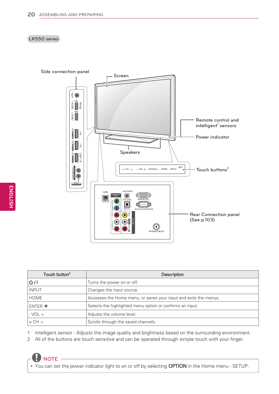 English, Lk550 series, Speakers screen remote control and intelligent | Sensors power indicator touch buttons, Touch button, Assembling and preparing | LG 42LV3700 User Manual | Page 20 / 172