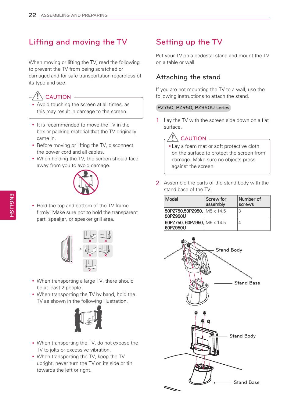 Lifting and moving the tv, Setting up the tv, Attaching the stand | LG 42LV3700 User Manual | Page 22 / 172