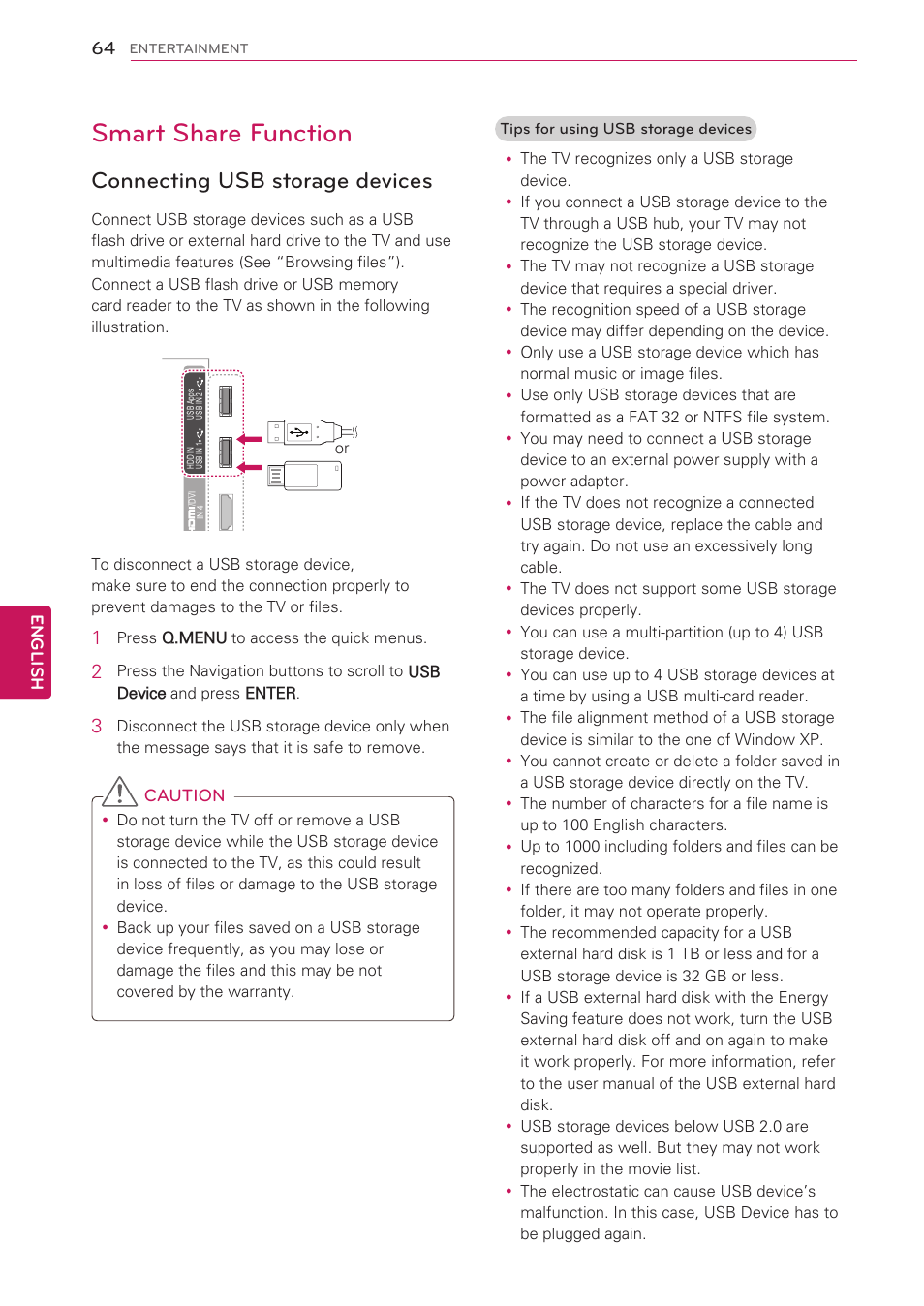 Smart share function, Connecting usb storage devices, Caution | English, Press q.menu to access the quick menus | LG 42LV3700 User Manual | Page 64 / 172