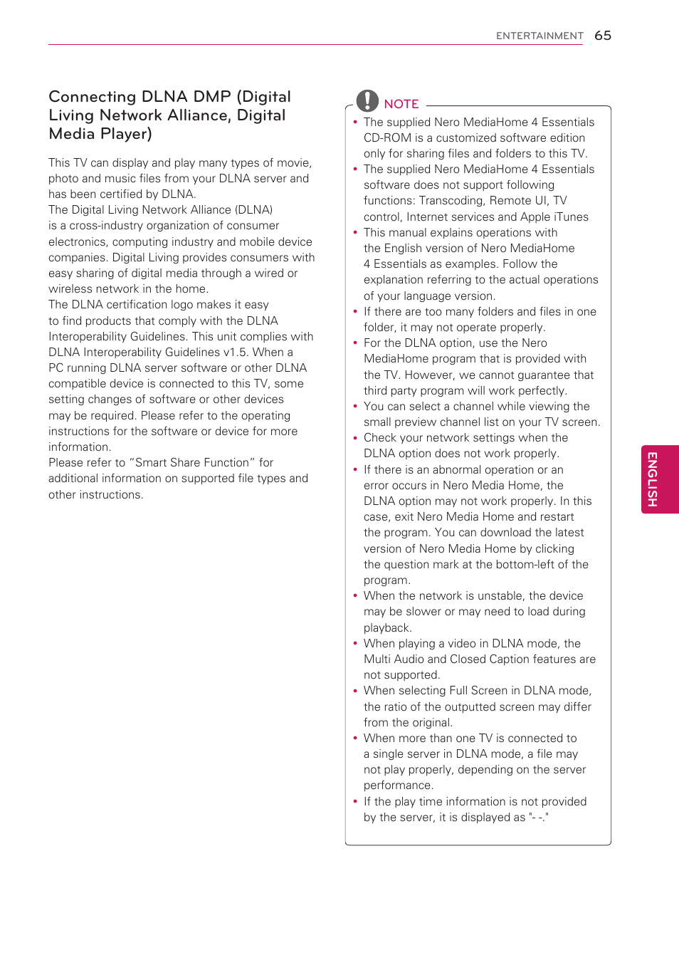 Connecting dlna dmp (digital living, Network alliance, digital media player) | LG 42LV3700 User Manual | Page 65 / 172
