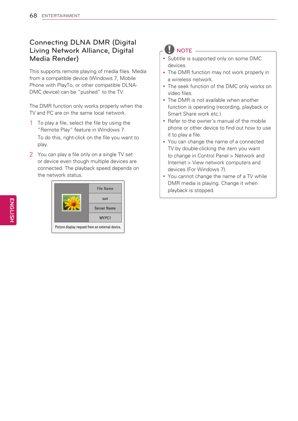 Connecting dlna dmr (digital living, Network alliance, digital media render) | LG 42LV3700 User Manual | Page 68 / 172