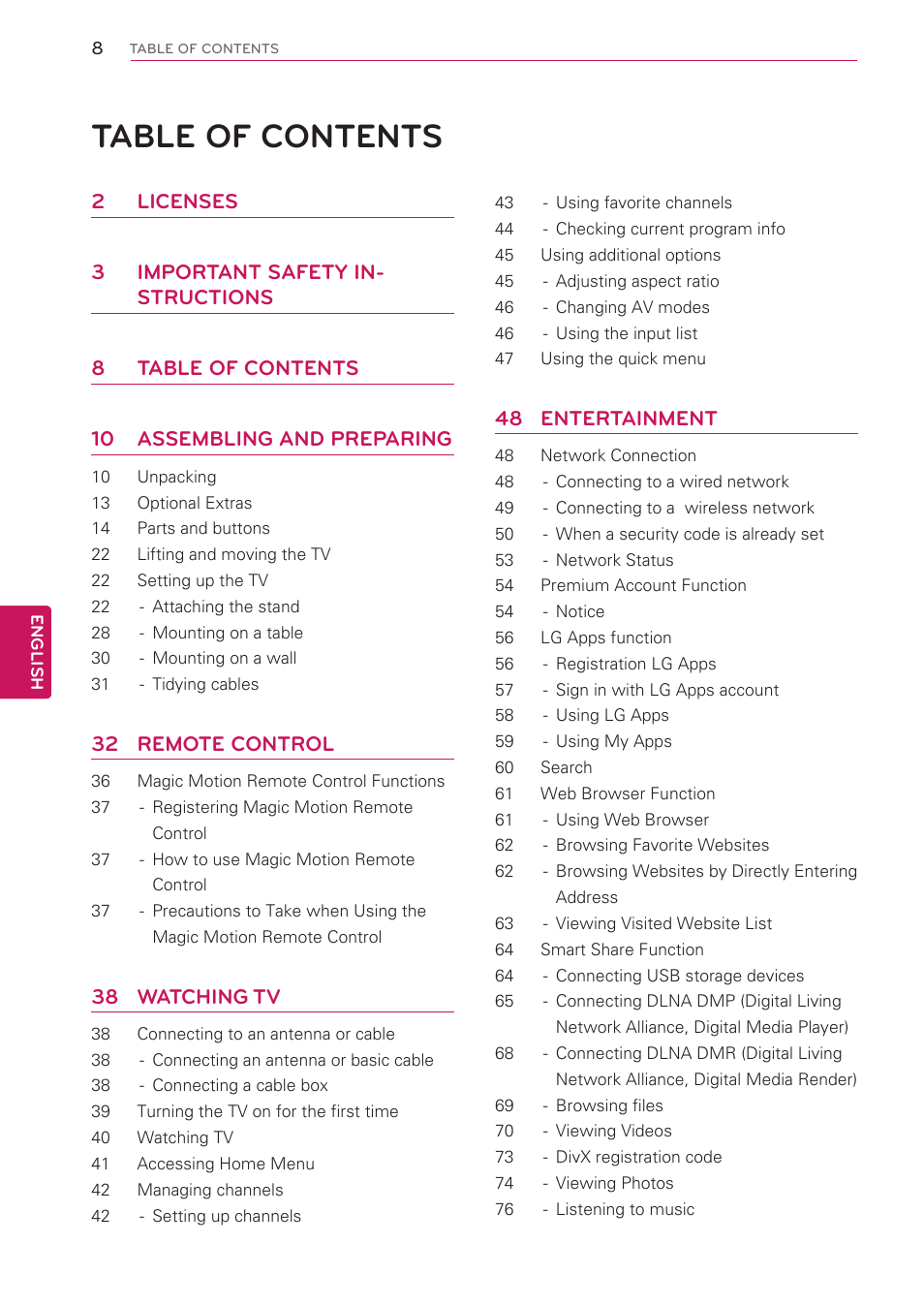 LG 42LV3700 User Manual | Page 8 / 172