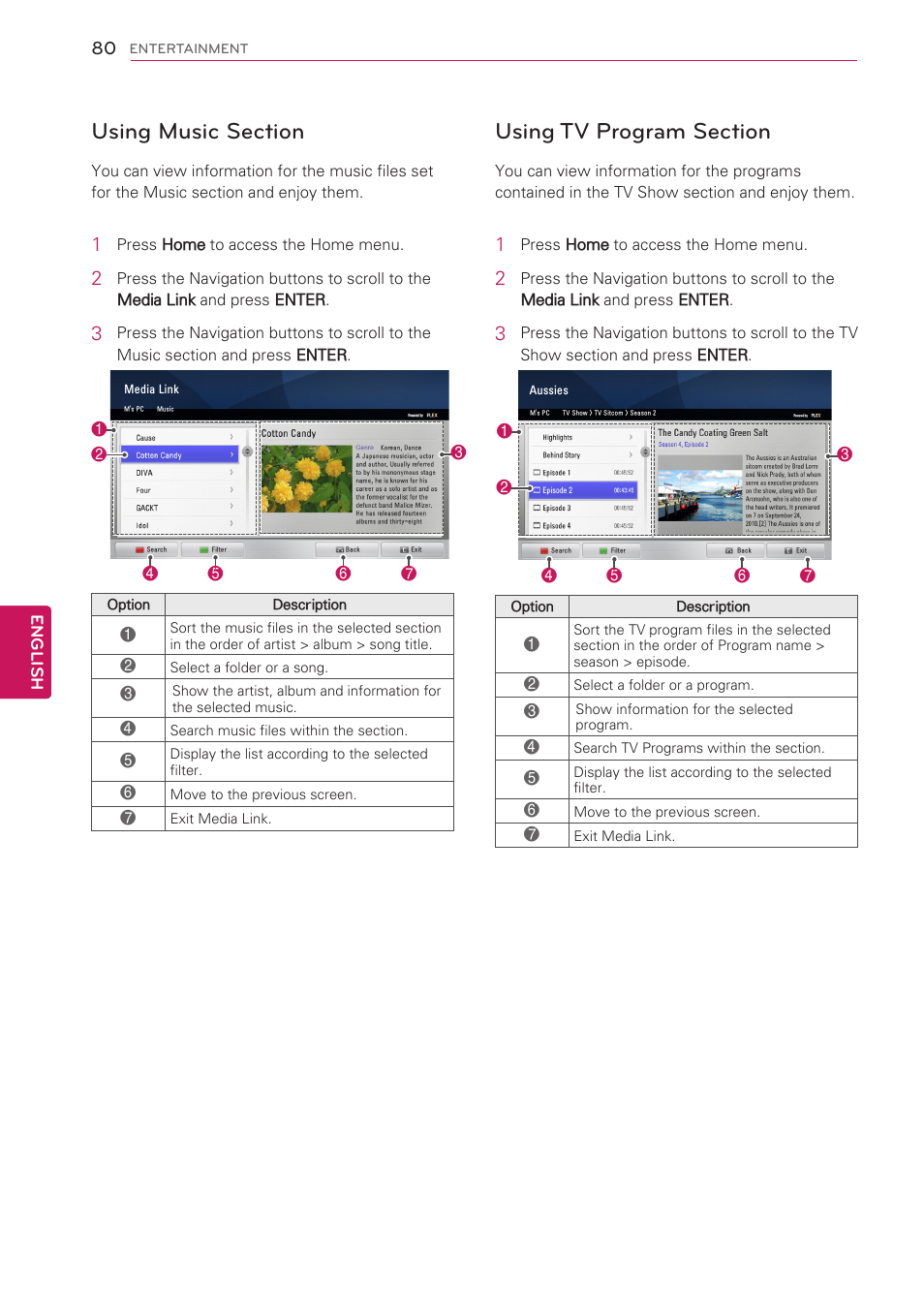 Using music section, Using tv program section | LG 42LV3700 User Manual | Page 80 / 172