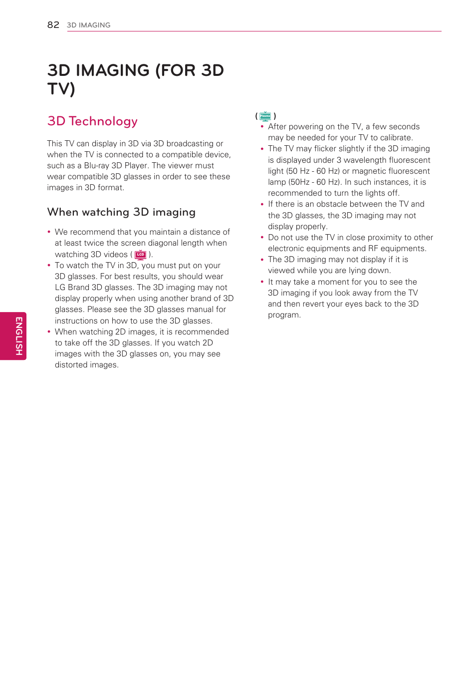 3d imaging (for 3d tv), 3d technology, When watching 3d imaging | 82 3d imaging (for 3d tv) | LG 42LV3700 User Manual | Page 82 / 172