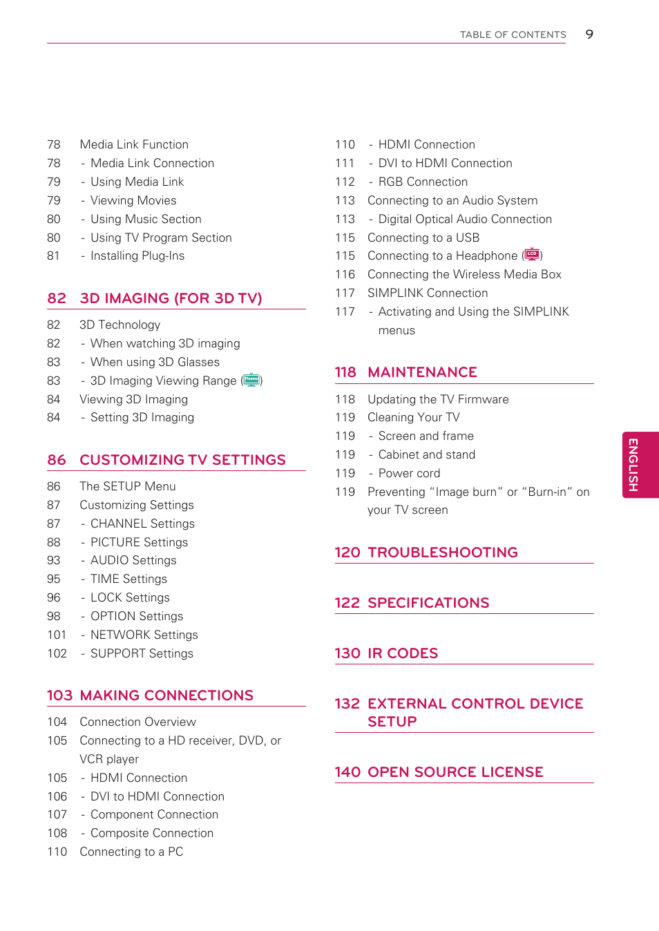 82 3d imaging (for 3d tv), 86 customizing tv settings, 103 making connections | 118 maintenance | LG 42LV3700 User Manual | Page 9 / 172