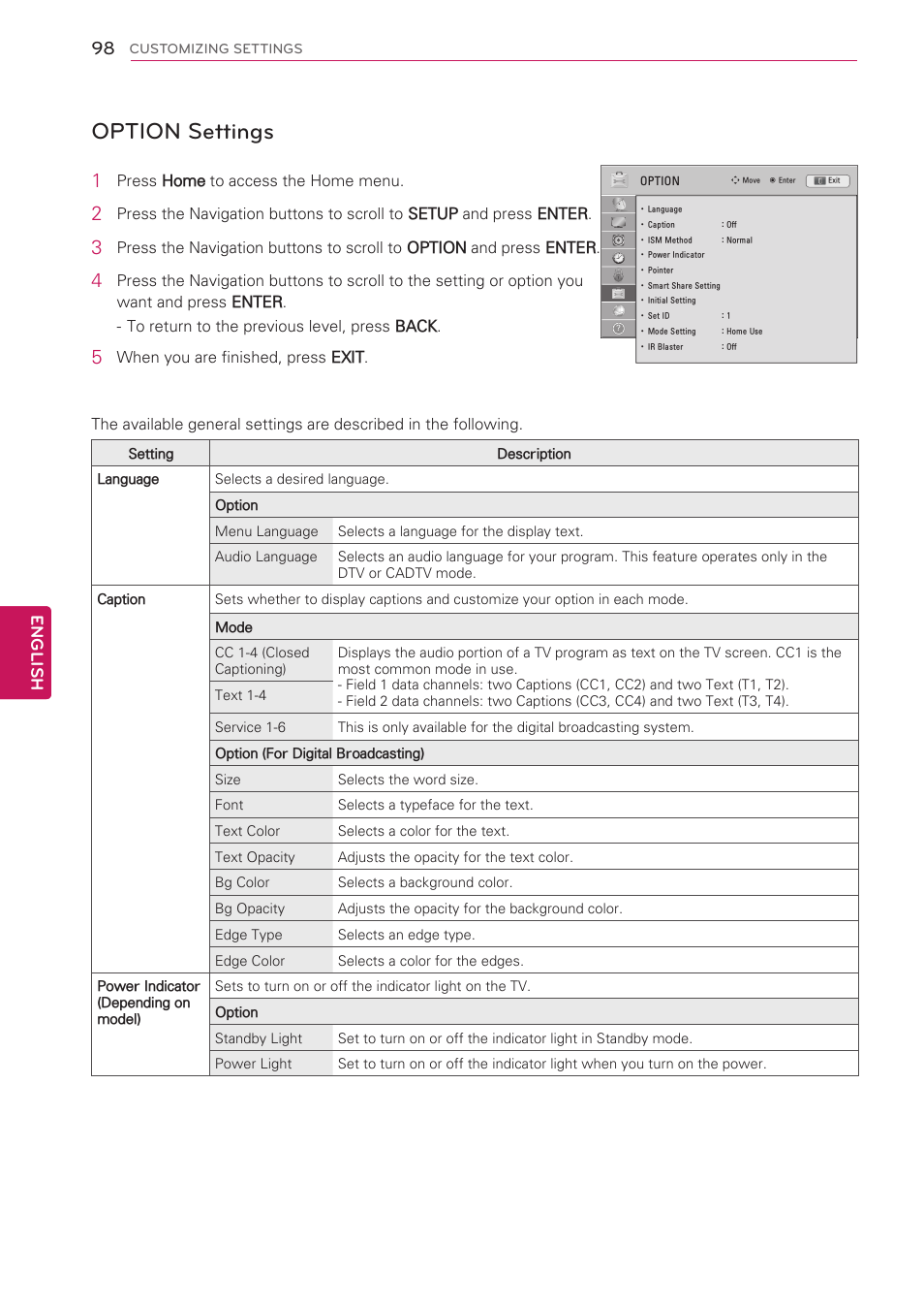 Option settings, English | LG 42LV3700 User Manual | Page 98 / 172