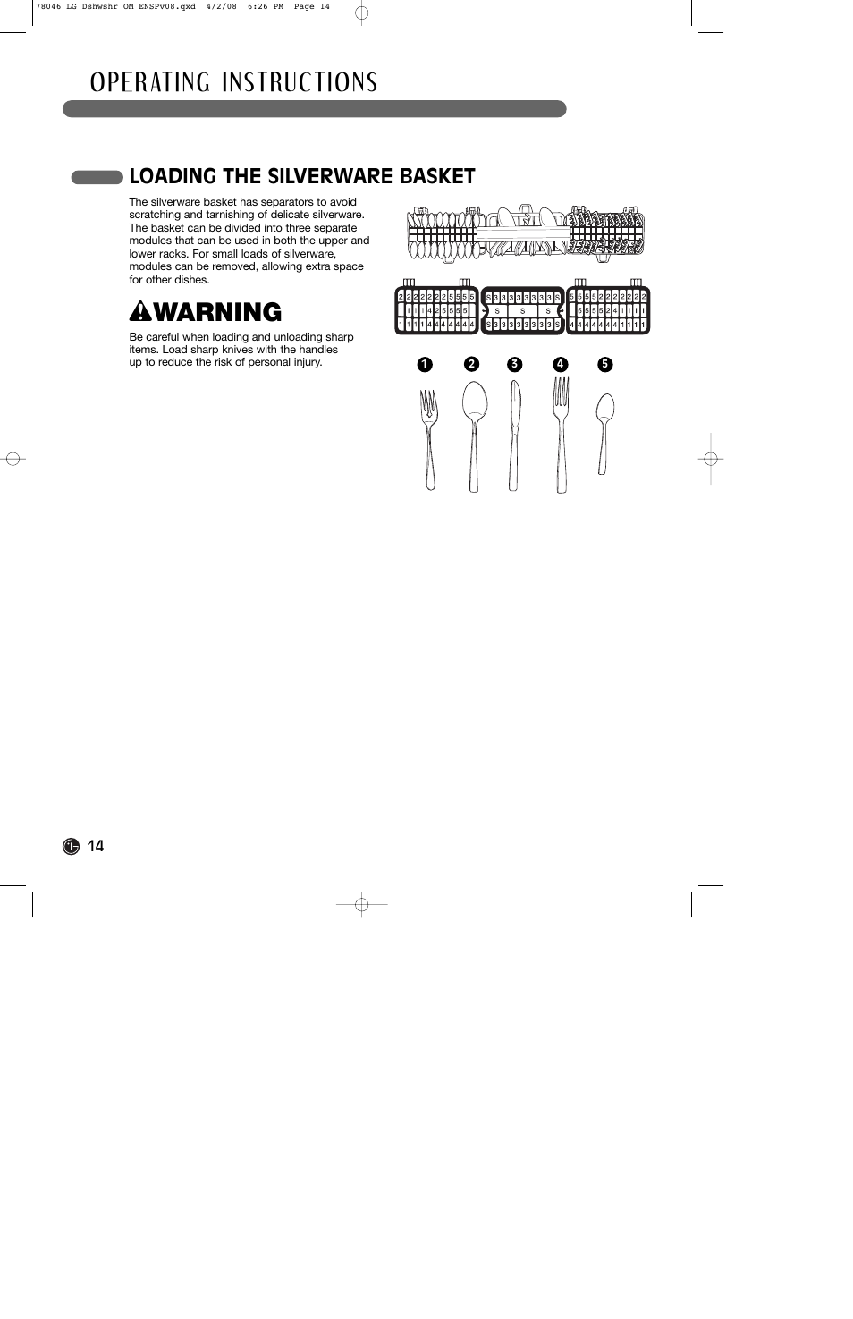 Wwarning, Loading the silverware basket | LG LDS4821ST User Manual | Page 14 / 68