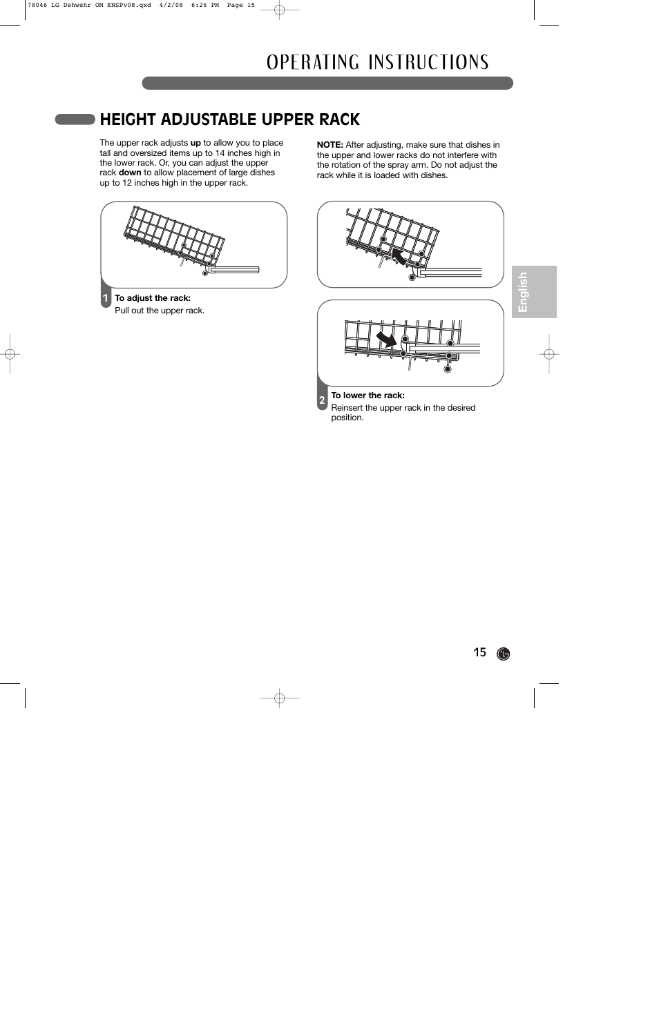 Height adjustable upper rack | LG LDS4821ST User Manual | Page 15 / 68