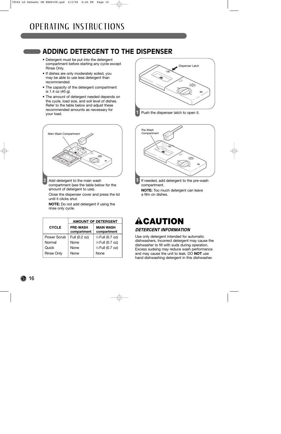 Wcaution, Adding detergent to the dispenser | LG LDS4821ST User Manual | Page 16 / 68