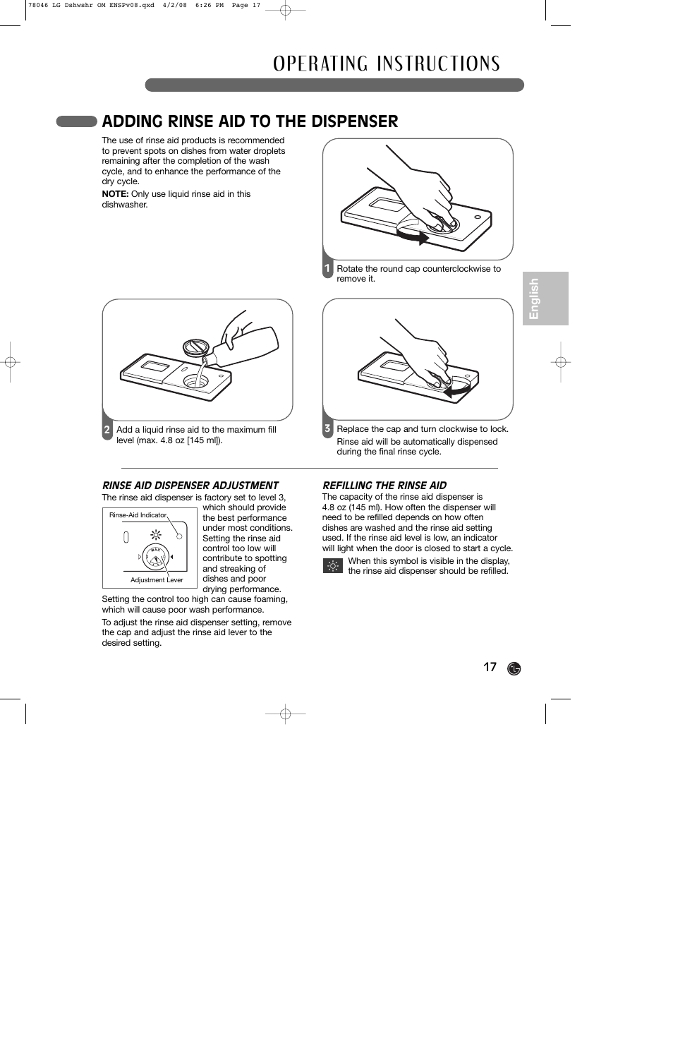 Adding rinse aid to the dispenser | LG LDS4821ST User Manual | Page 17 / 68