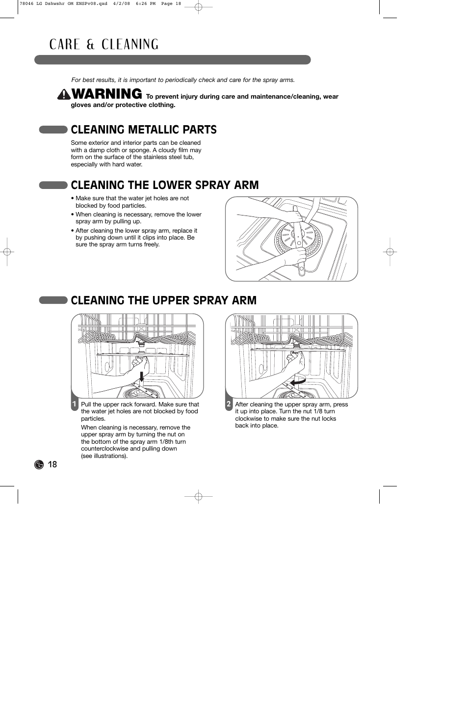 Warning, Cleaning metallic parts, Cleaning the lower spray arm | Cleaning the upper spray arm | LG LDS4821ST User Manual | Page 18 / 68