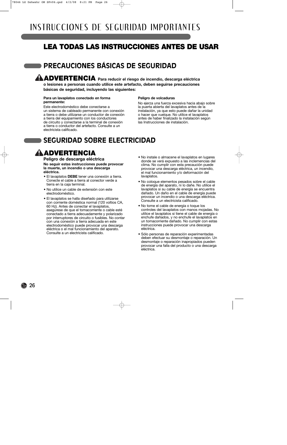 Lea todas las instrucciones antes de usar, Precauciones básicas de seguridad advertencia, Seguridad sobre electricidad advertencia | LG LDS4821ST User Manual | Page 26 / 68