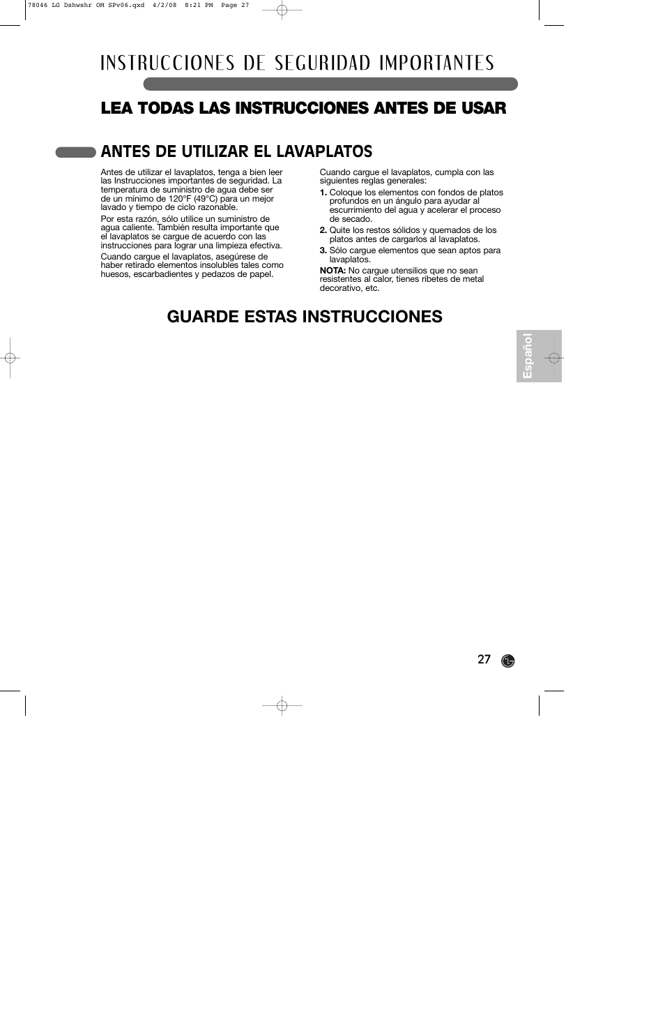 Antes de utilizar el lavaplatos | LG LDS4821ST User Manual | Page 27 / 68