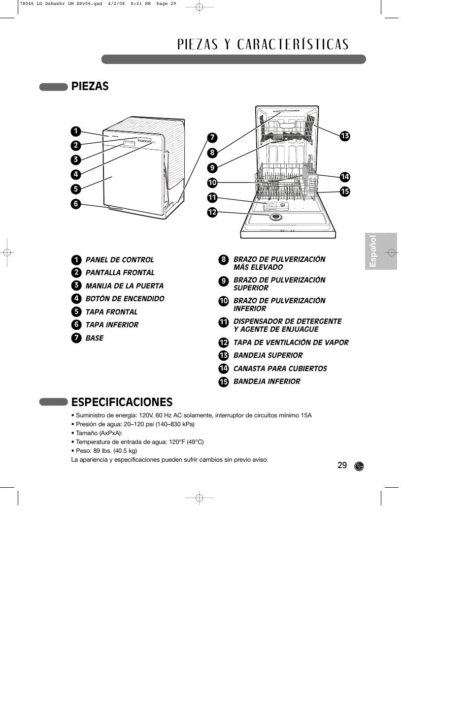 Piezas, Especificaciones | LG LDS4821ST User Manual | Page 29 / 68