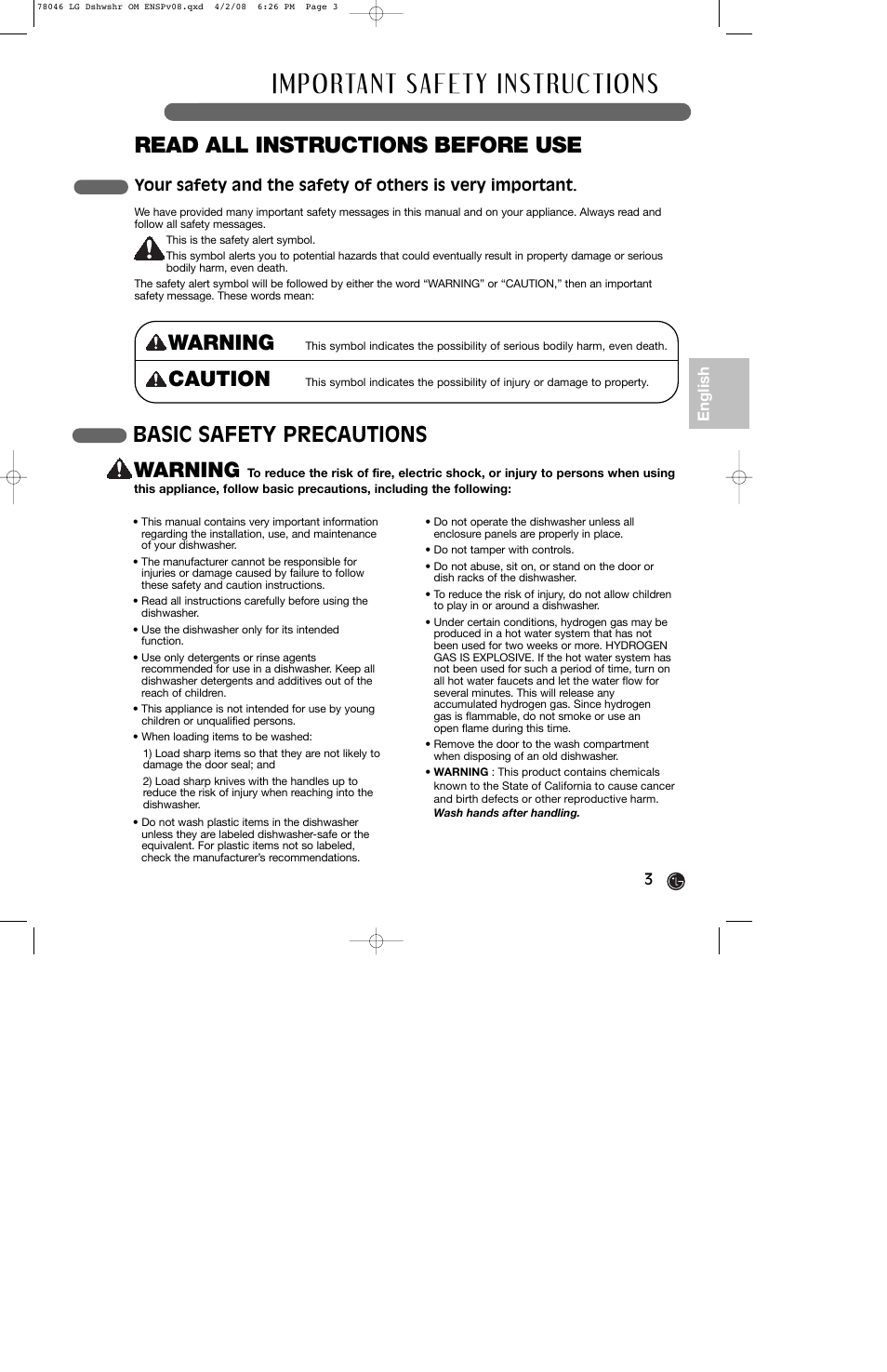 Read all instructions before use, Warning, Caution | Basic safety precautions | LG LDS4821ST User Manual | Page 3 / 68