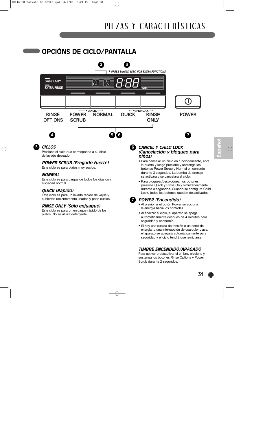 Opcións de ciclo/pantalla | LG LDS4821ST User Manual | Page 31 / 68