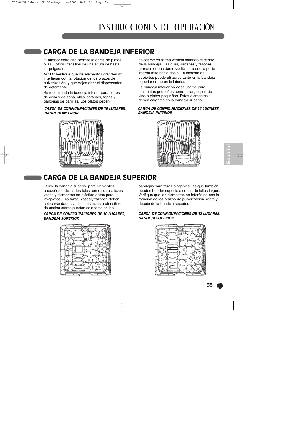 Carga de la bandeja inferior, Carga de la bandeja superior | LG LDS4821ST User Manual | Page 35 / 68