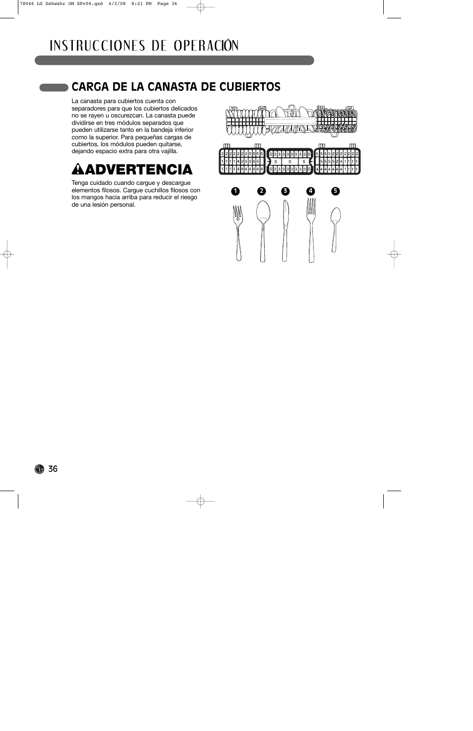 Wadvertencia, Carga de la canasta de cubiertos | LG LDS4821ST User Manual | Page 36 / 68