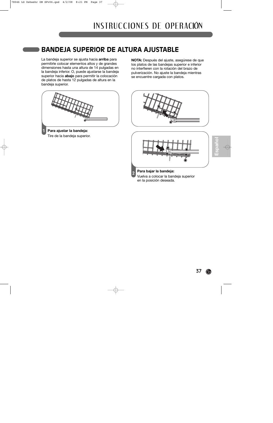 Bandeja superior de altura ajustable | LG LDS4821ST User Manual | Page 37 / 68